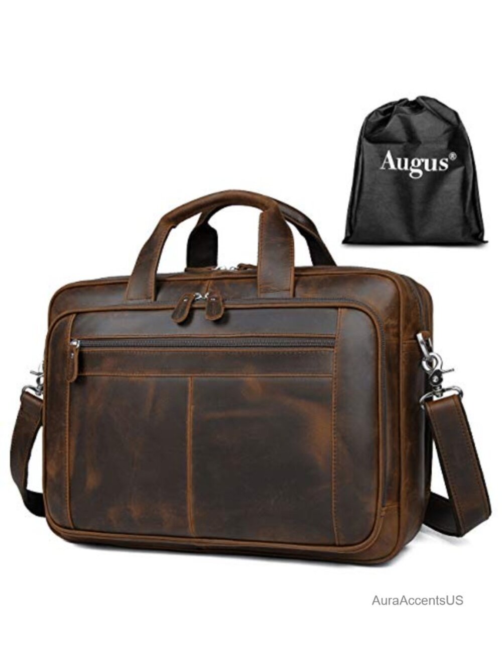 Full-Grain Cowhide Leather Briefcase 16in Laptop Shoulder Bag Luggage Strap
